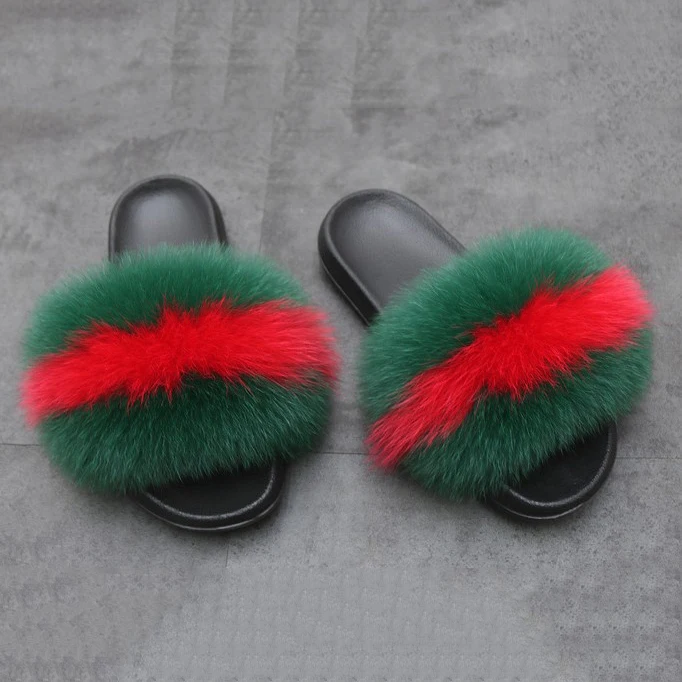 

wholesale custom indoor slipper luxury style women fur flat slides fox fur slipper, As photo