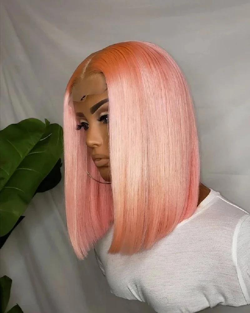 

European Trendy Light Pink Straight Lace Front Human Hair Wigs with Baby Hair Bleached Knots Layered Short Bob Natural Hairline