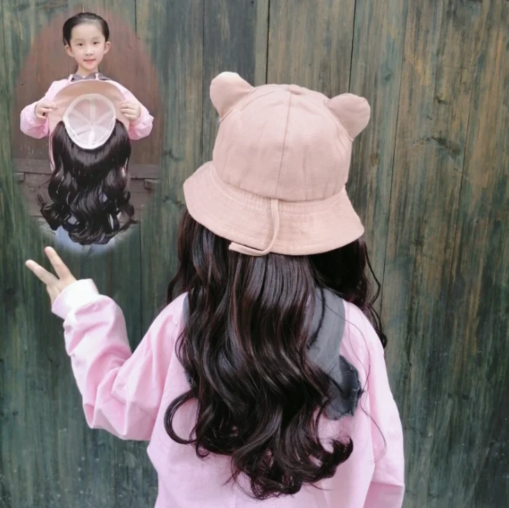 

Children's hat and wig integrated non detachable long curly hair big wave autumn and winter warm wig hat woman girl kids