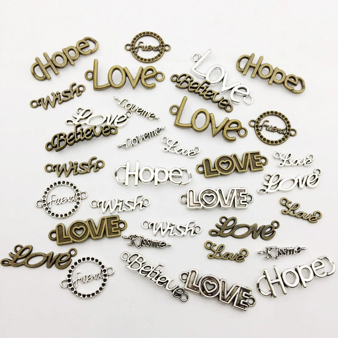 

70 Mixed bronzed double hollowed-up letters LOVE HOPE WISH Connectors for jewelry making, Picture