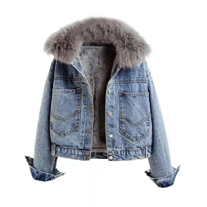 Women's Winter Warm Denim Jacket Hooded Faux Fur Collar Thick Trucker Jeans Coat 