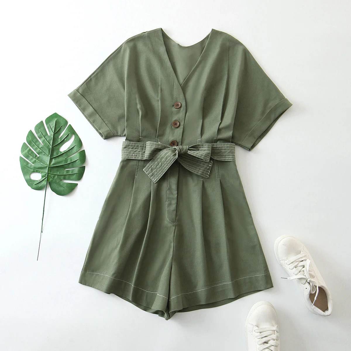 

Solid color short sleeve v neck jumpsuit women summer cotton linen romper with belt
