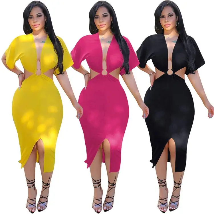 

0819M101 brand new 2021 Solid color irregular neck short sleeve bodycon woman sexy club dress, Yellow, black, rose