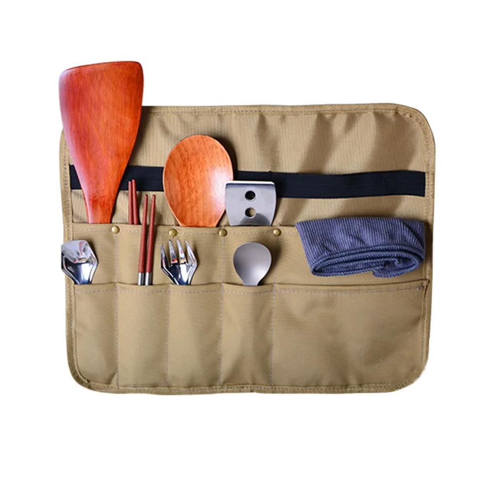 

Waterproof canvas cutlery rack hanging cutlery bag portable outdoor cutlery storage bag, Khaki