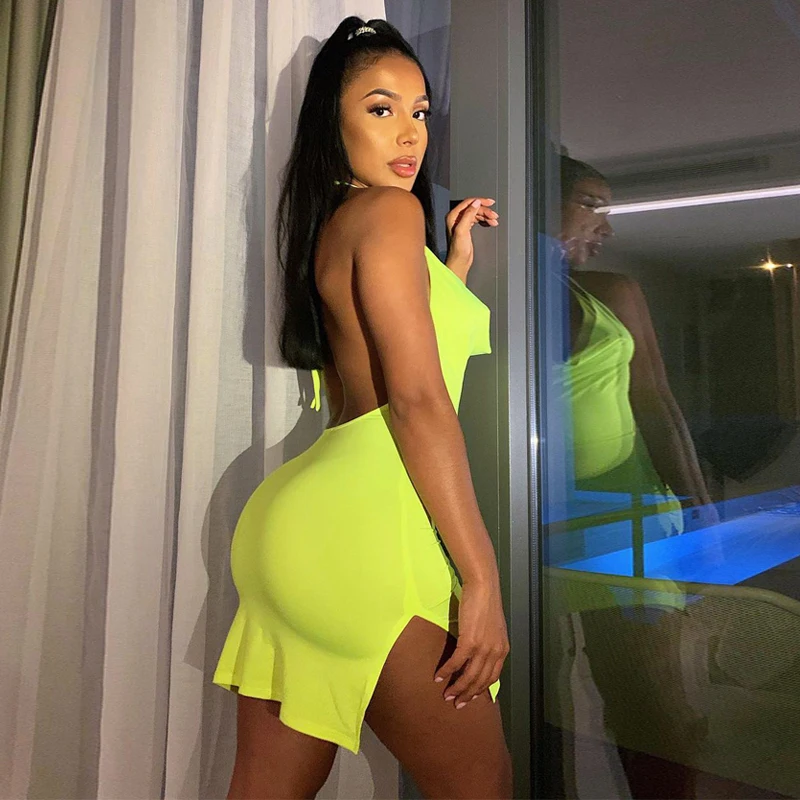 

Backless Side Split Halter Sleeveless Mini Dress 2021 Summer Women Sexy Apparel Fashion Ladies Evening Wholesale Casual Clothing