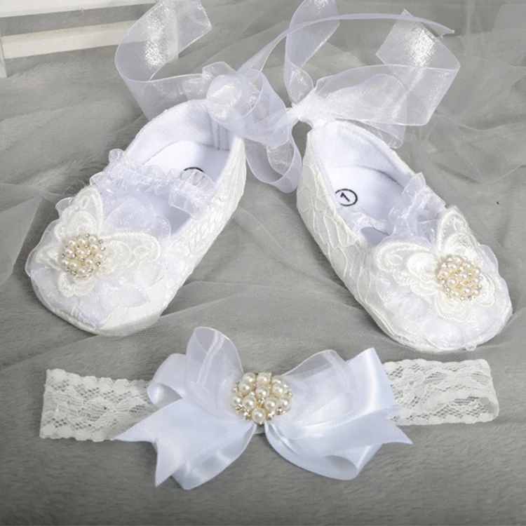 

Latest Fancy Lace Soft Sole White Baptism Christening Shoe with Headband Set for Newborn Baby Girls