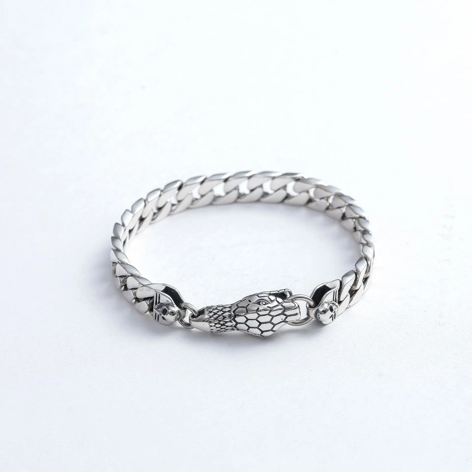 

OEM Custom 20cm 34g Chunky Cuban Chain 925 Silver Snakehead Bracelets Punk Gifts for Men