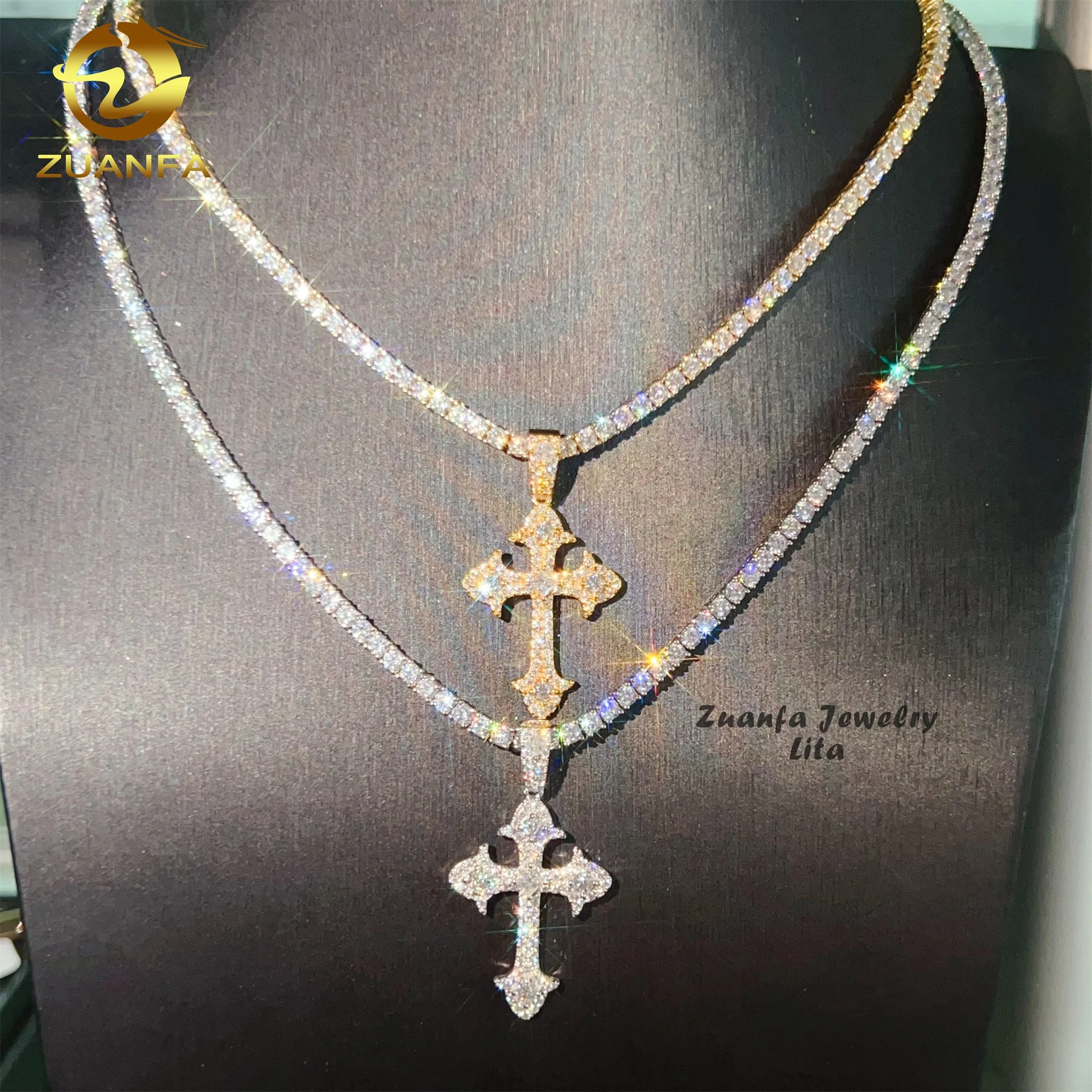 Factory Price High Quality Hip Hop Style 925 Silver Iced Out Moissanite Diamond Cross Pendant