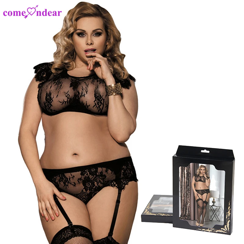 

Lingerie packaging sexy sheer lace mesh black push up big size bra set pantie and bra sets lingerie for fat woman