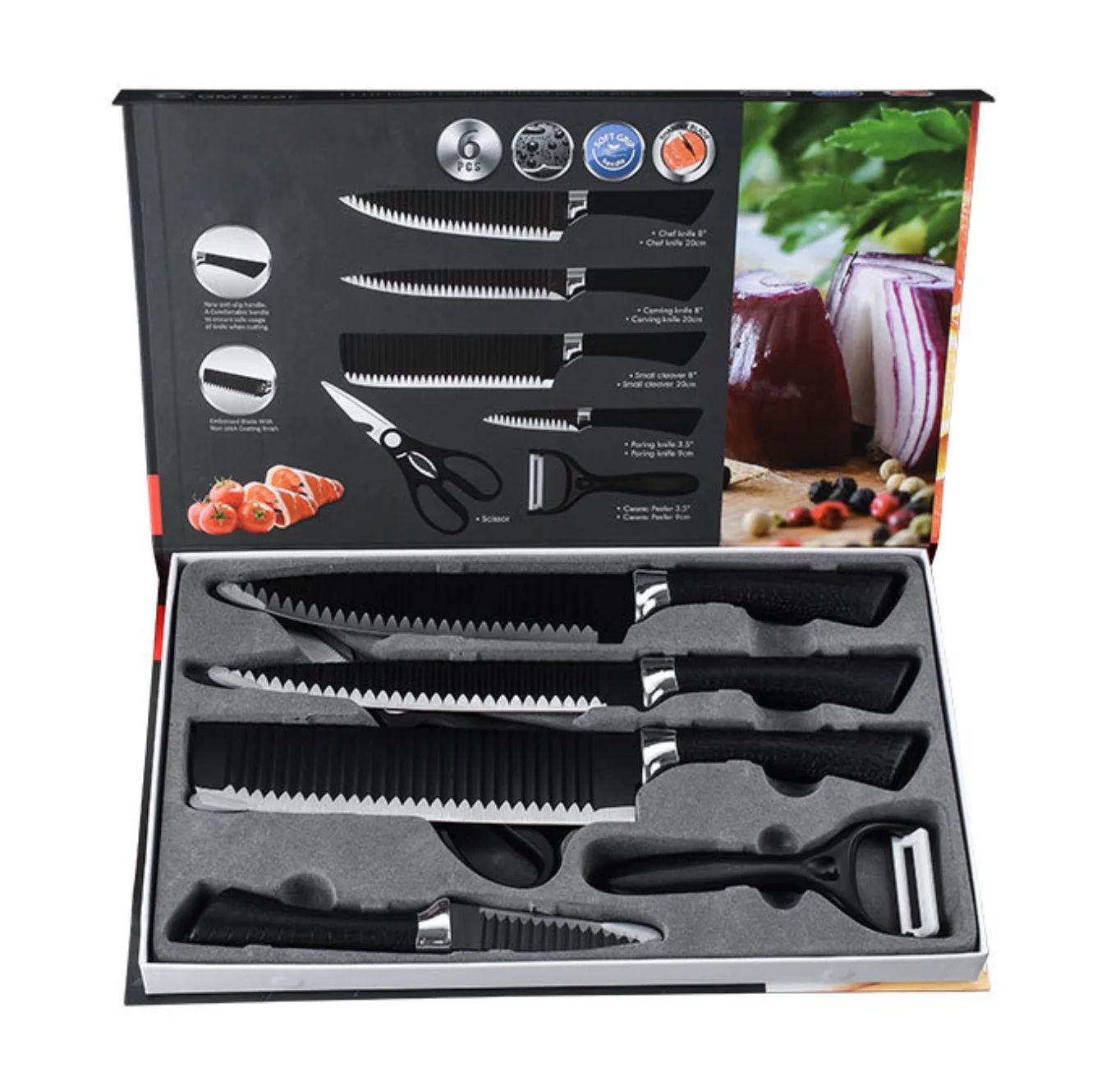 

Promotion professional tools chef bread slicing knife kitchen scissor vegetable fruit peeler 6pcs kitchen knife set, Customized color acceptable