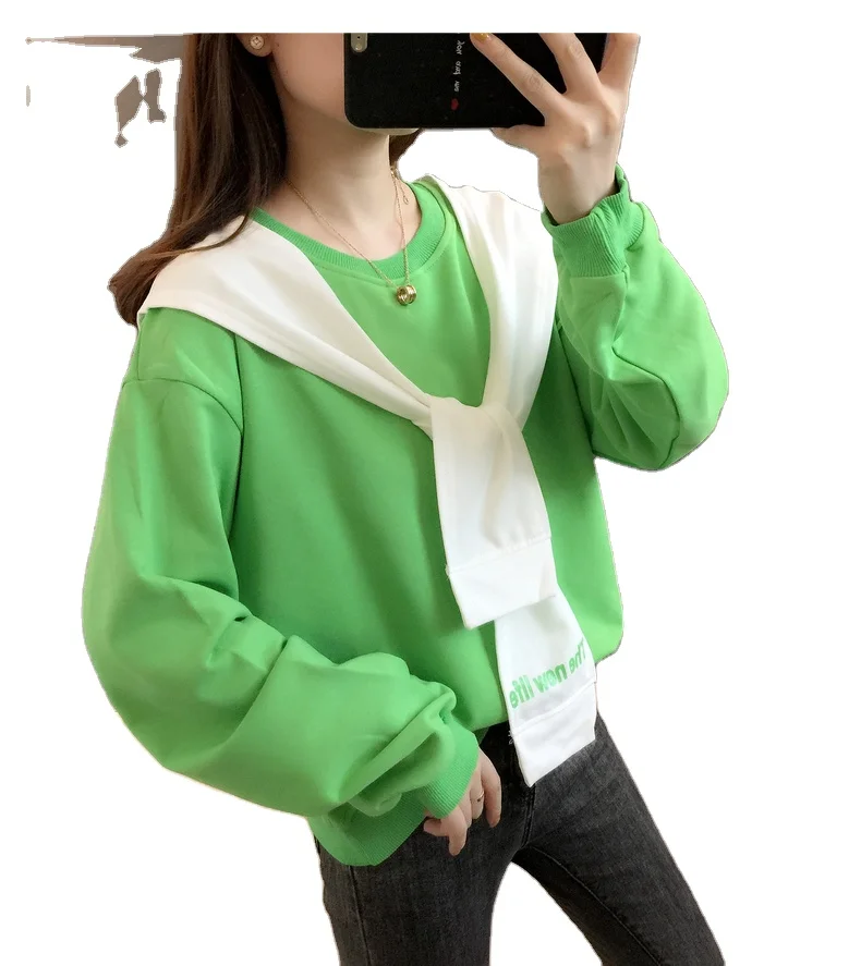 

Foreign trade 2021 autumn new style loose round neck long-sleeved cotton blouse small shawl sweater ladies