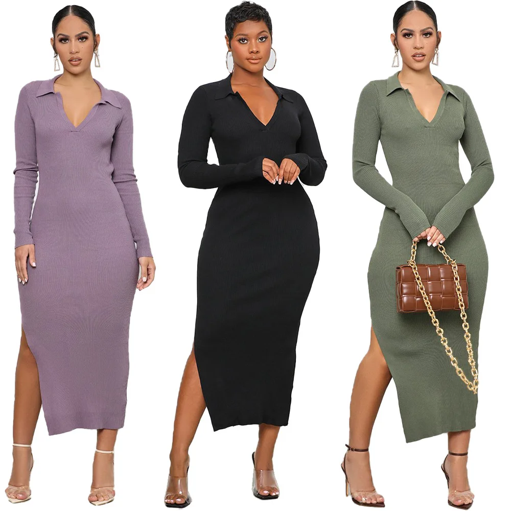 

Sexy Backless Long Dress Women Autumn Long Sleeve V Neck Side Slit Ribbed Maxi Sweater Dresses, Picture color