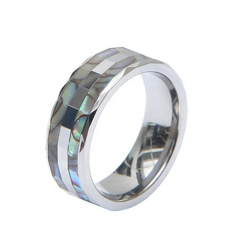 POYA Wholesale 8mm Abalone Shell Mens Tungsten Ring Unique Mens Iridescent Wedding Band