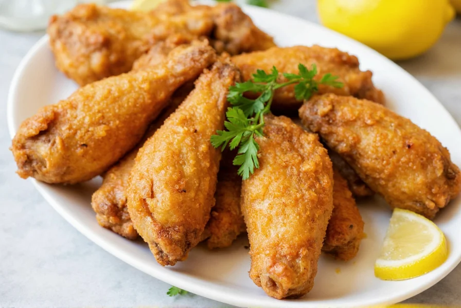 Crispy golden lemon pepper chicken wings on a white plate with lemon slices and fresh parsley garnish