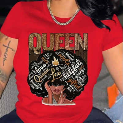 

Women T-shirts Melanin Queen Pattern Female O-neck Short Sleeve Tshirt Black Girls Fashion Shirt, Red, yellow, white, gray, blue