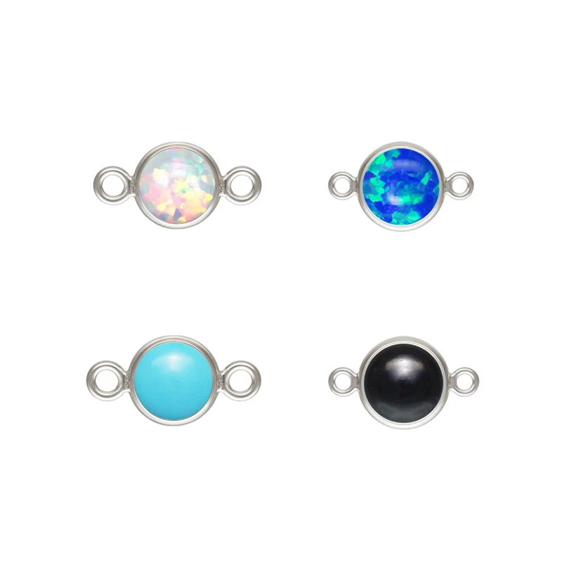 Vintage Synthetic Opal Stone Charms 925 Silver Bezel Setting Permanent Jewelry Connectors