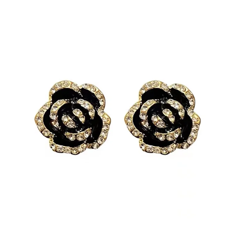 

925 Silver Needle Rhinestone Flower Rose Clip on Stud Earrings Gold Plated French Camellia Flower Earrings For Women 2021, Pic
