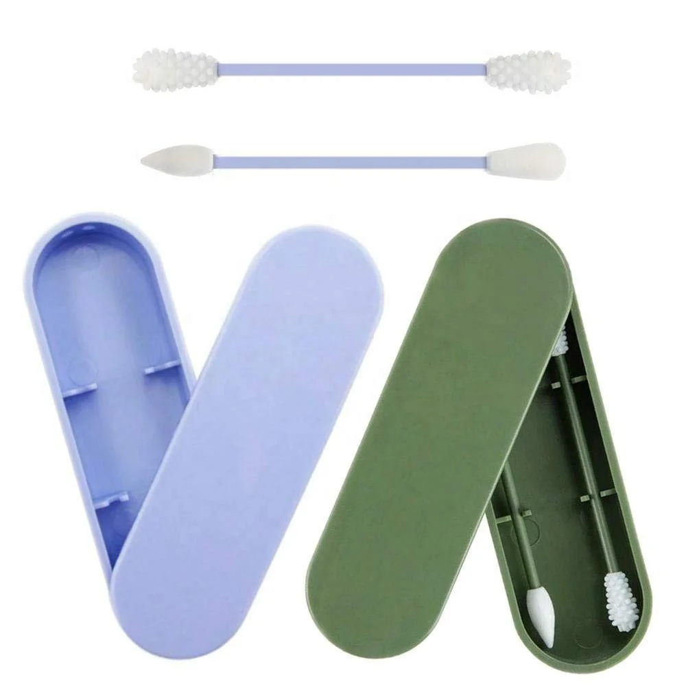 

2 Pcs Reusable Silicone Cotton Swab With Case Ear Eye Cleaning Washable Makeup Swabs Soft Flexible Make Up Tools, White or custom
