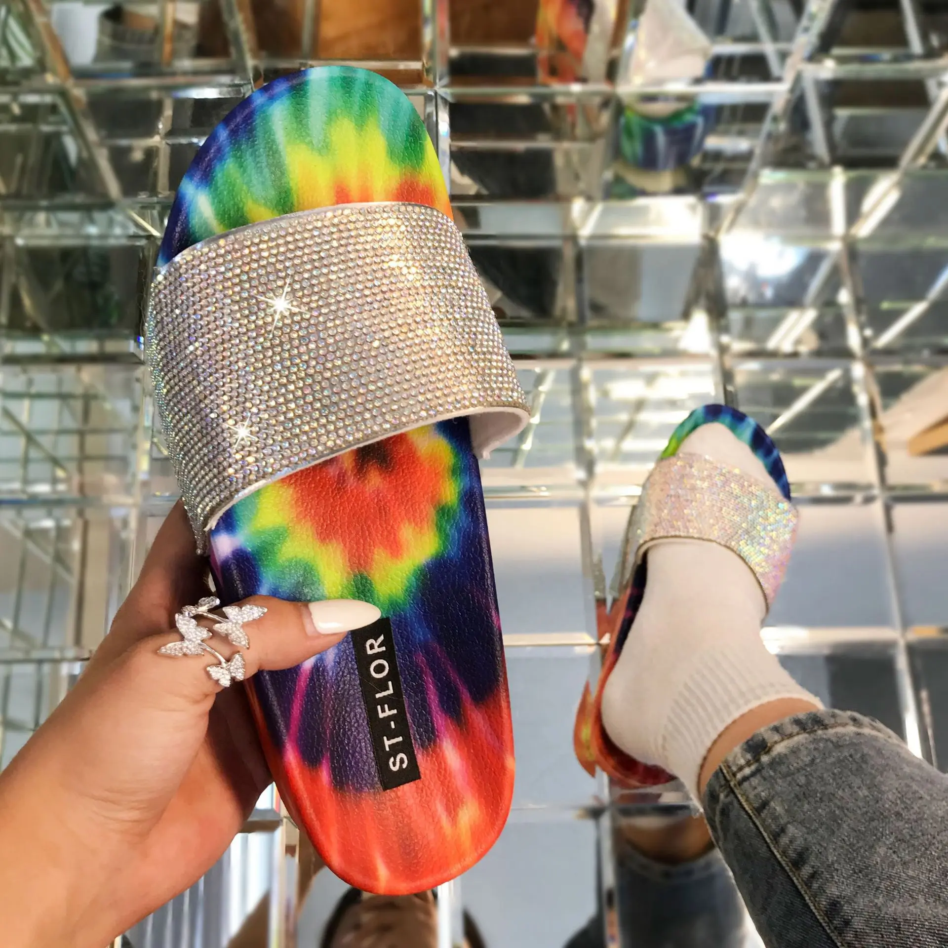 

Women Fashion Tie Dye Rhinestone Slippers Luxury Lady Thick Sole Sandals Slip On Outdoor Shoes, 3 colors