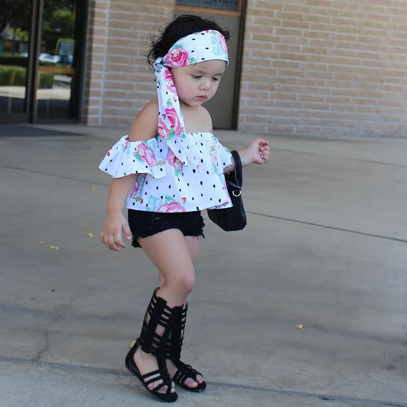 

little girls 2 piece set outdit kids summer clothing crop top denim jean short floral printed ruffle toddler girl set Soft Shell