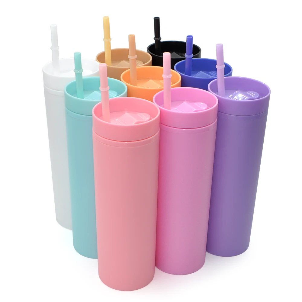 

Hot Selling Pastel AS Reusable Colored Tumblers With Lids And Straw 16oz Double Wall Skinny Tumbler