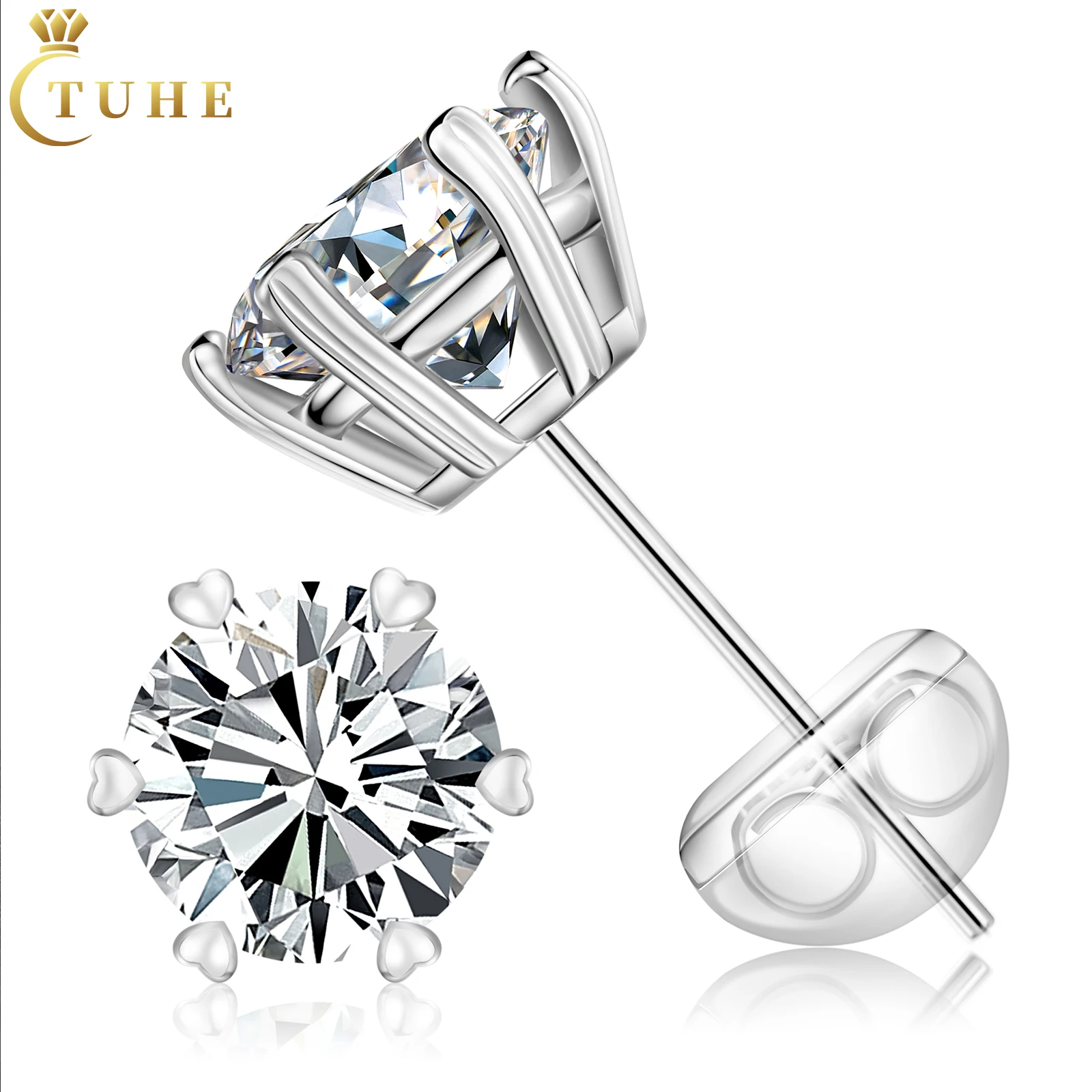 

Jewelry Manufacturer Wholesale Fashion 18K White Gold Plated 925 Sterling Silver 6 Prong Rubber Back Classic Stud Earrings
