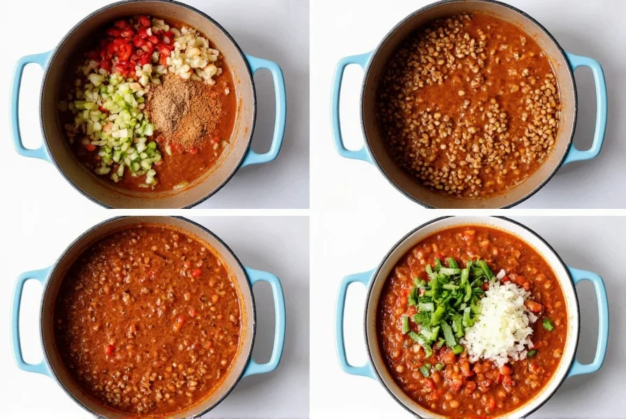 Step-by-step lentil bean chili cooking process showing sautéed vegetables, adding spices, and finished bowl with toppings