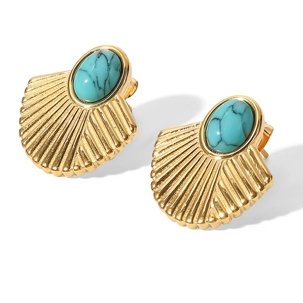 

French INS Style 18K Gold Plated Fan Shaped Statement Turquoise Inlaid Stainless Steel Stud Earrings For Women Girls