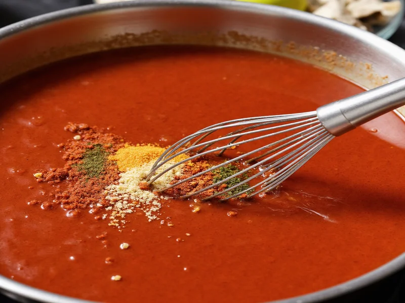 Whisking spices in oil to release flavors for enchilada sauce
