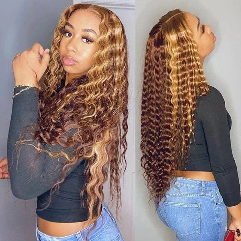 

180% Density Highlights 13x4 Deep wave Transparent Lace Front Wigs Human Hair Unprocessed Lace Wigs For Black Women