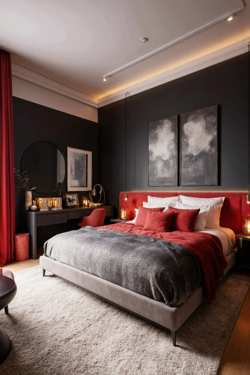 Velvet accent pillow in black and red