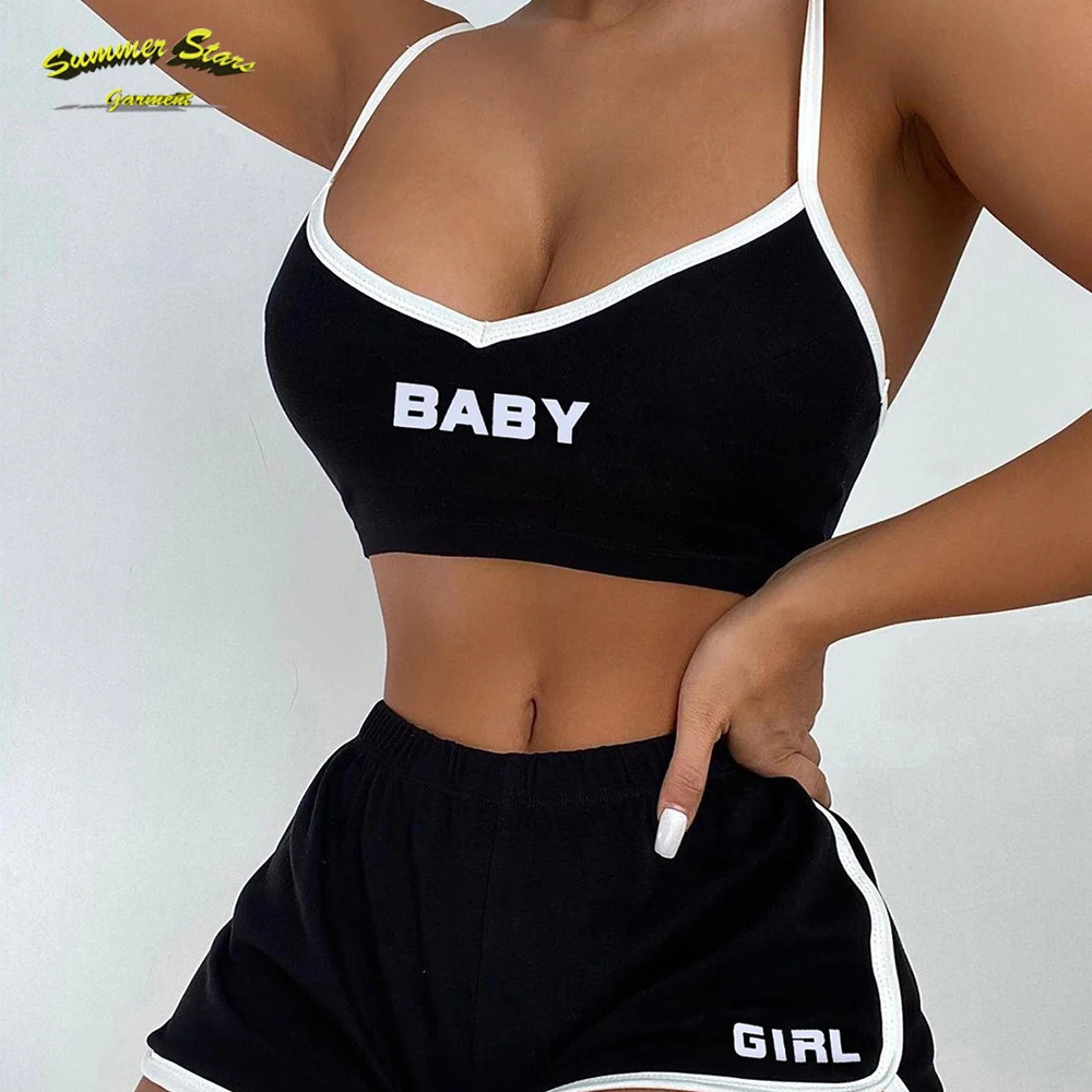 

Latest Clothes Gym Fitness Sets Women Printed Strap Bra With Short 2 Piece Set Sexy Sports Bra, Black