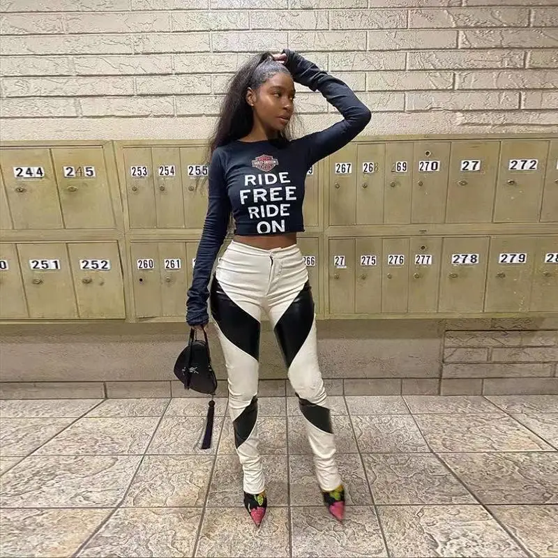 

fashion 2021 new arrivals PU leather color patchwork pants ladies casual trouser slim fit streetwear