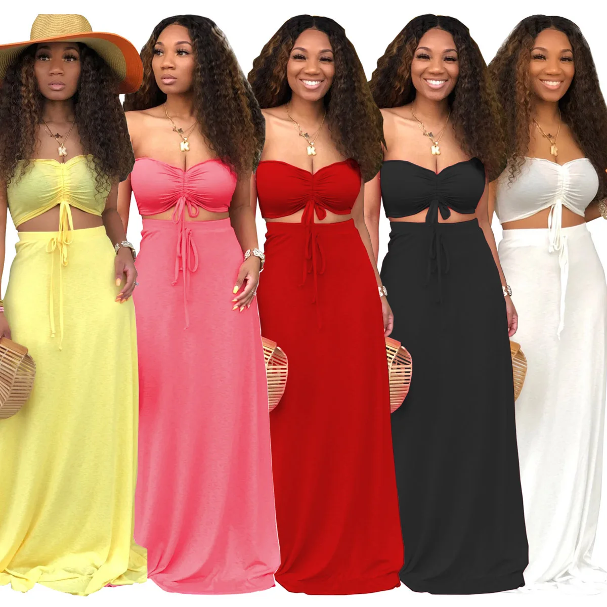 

Summer Dresses For Women 2021 Two Piece Skirt Set Strapless Crop Top And Maxi Long Skirt Party 2 Piece Sets, Shown