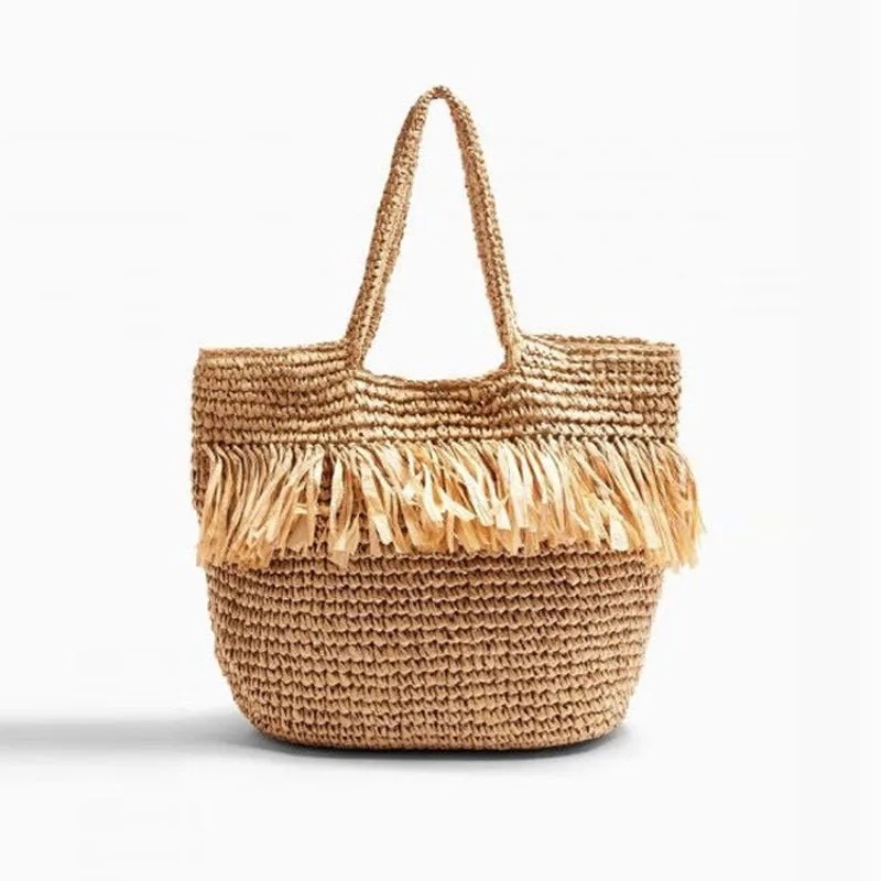 

Straw Casual Tote Bag Tassels Decoration Hand Woven Crochet Paper Beach Travel for Women Vintage Cotton SDY2021001 Landscape