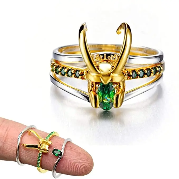 

SC Tik Tok Three In One Ring Loki Thor Helmet Ring 18K Gold Plated Green Diamond Cosplay Anime Loki Ring for Men