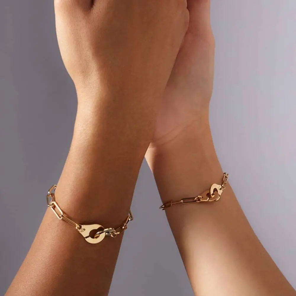 

Women Stainless Steel Handcuff Bracelet Gold Plated Paper Clip Chain Double Loop Interlock Bracelet, As pic show