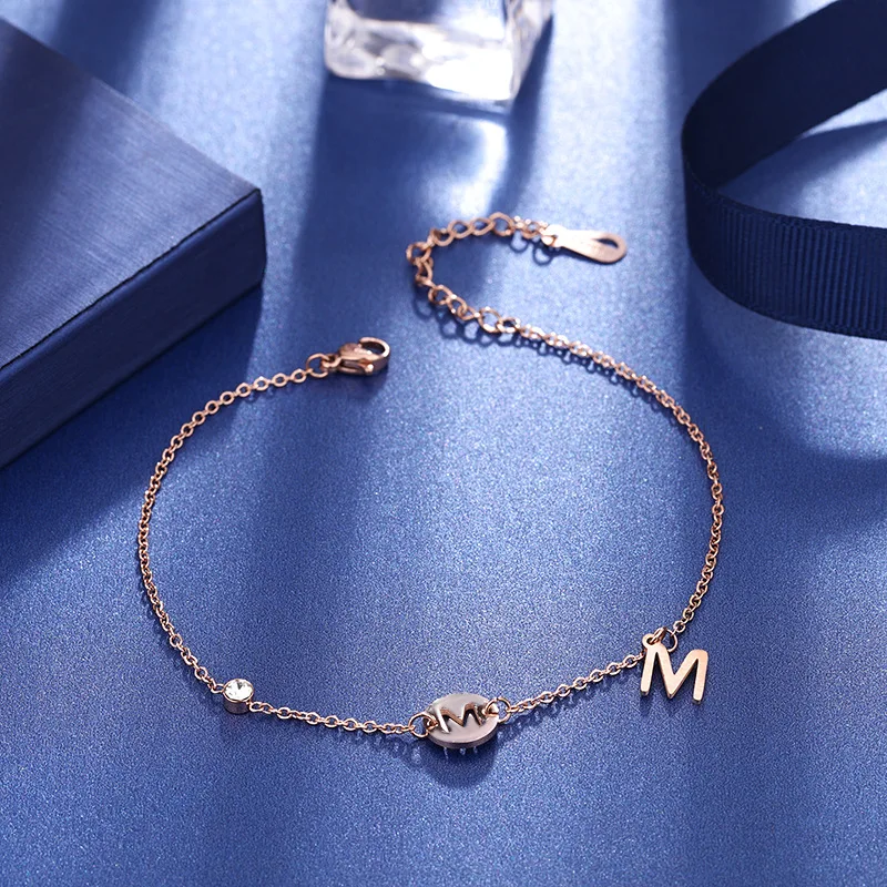 

Hot Women Summer Barefoot Jewelry Stainless Steel Rose Gold Plated Chain Alphabet Pendant Anklet Initial Letter M Anklets