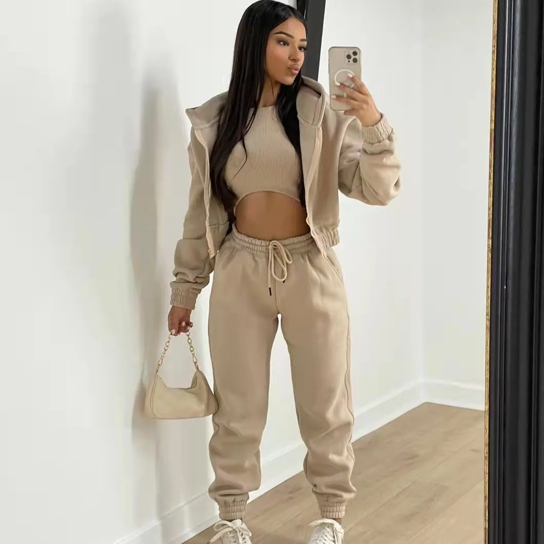 

Ready To Ship Winter Hoodie Pants Sexy Solid Three Piece Tracksuit Set For Women