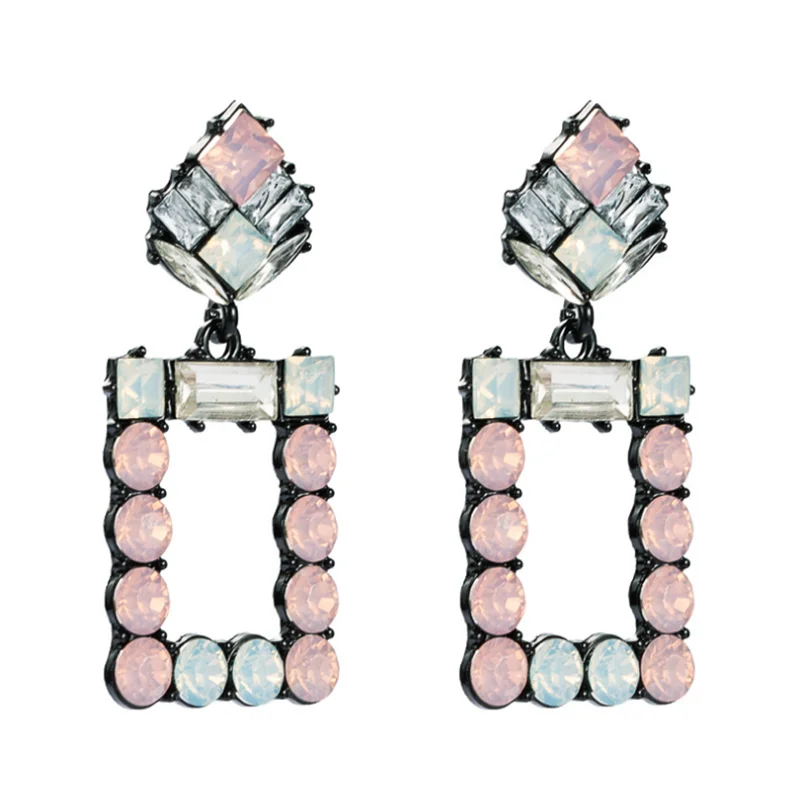 

Whole sale European and American Fashion Square alloy inlaid Rhinestone Resin geometric Earrings, Pink green crystal