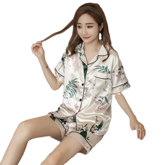 

new summer pajamas silk-satin two-piece cardigan double short printing ice silk suit tracksuit woman pijama femme