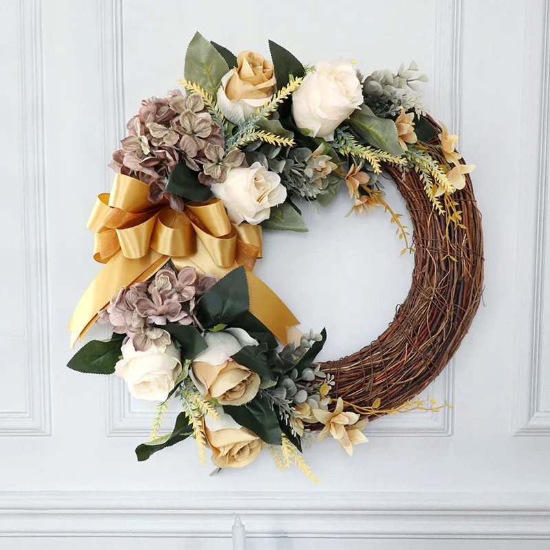 

Hanging Ring Wreath Manufacturer Wholesale Custom Welcome Wreath Ribbon Wedding Wall 18''Vintage Champagne Rose Hydrangea Wreath, Green and other customized...
