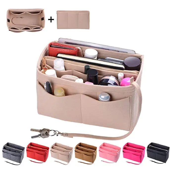 

10 Pockets Felt Insert Bag Organizer Bag In Bag Purse Organizer For Handbag With Keychain, Dark grey or custom