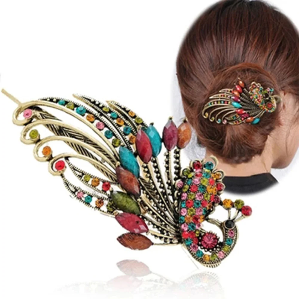 
Exquisite Retro Style Rhinestone Peacock Hair Pin Phoenix Duckbill Clip Hair Jewelry Hair Forks  (62407613178)