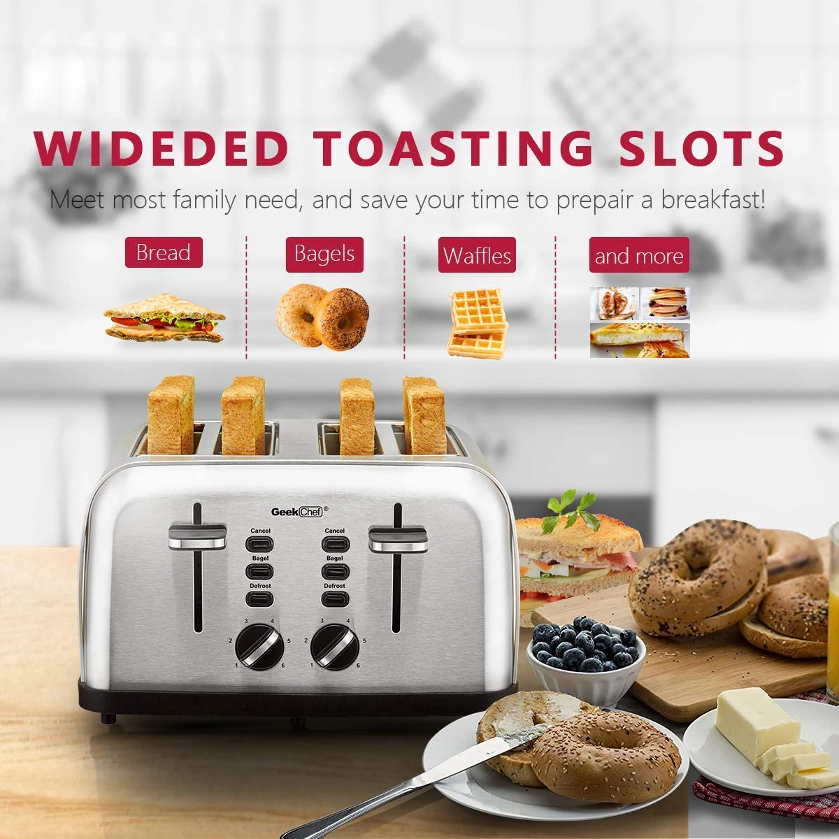 

4 Slice Toaster Dual Control Bagel Defrost Cancel Function 6 Toasting Bread Removable Crumb Trays Auto Pop-Up FREE SHIPPING