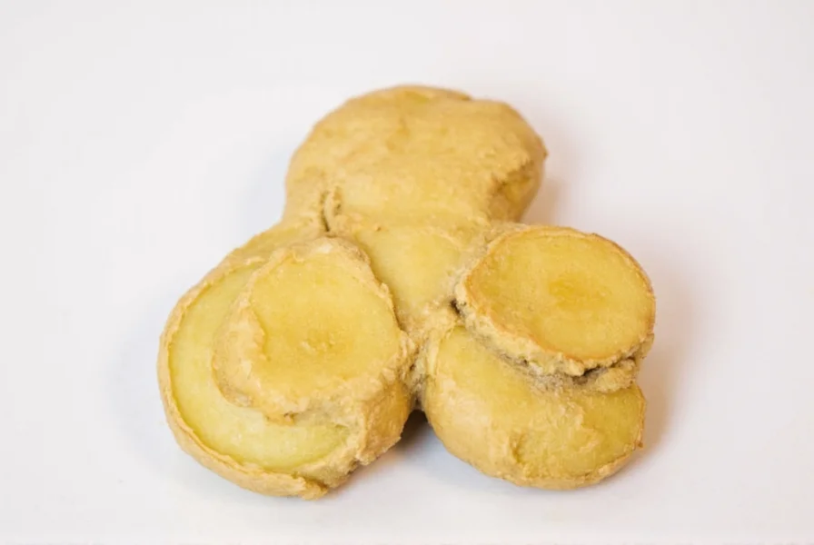 Ginger supplement capsules next to fresh ginger root and measuring spoon