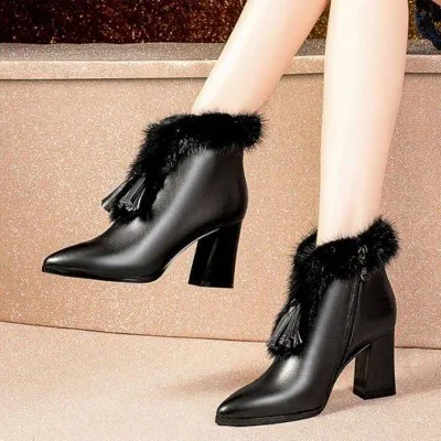 

Winter new style fringed women's boots pointed toe women's boot plus velvet warm cotton boots