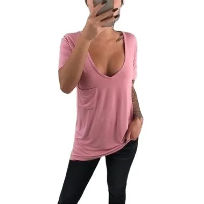 

New 2021 solid-color V-neck loose pocket women's t-shirts