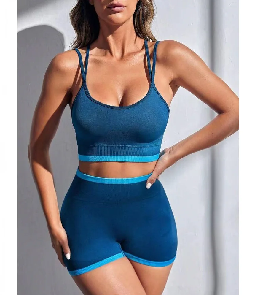 

Summer Color Block Seamless Activewear Two Piece Biker Shorts Sets Women Gym Fitness & Yoga Wear