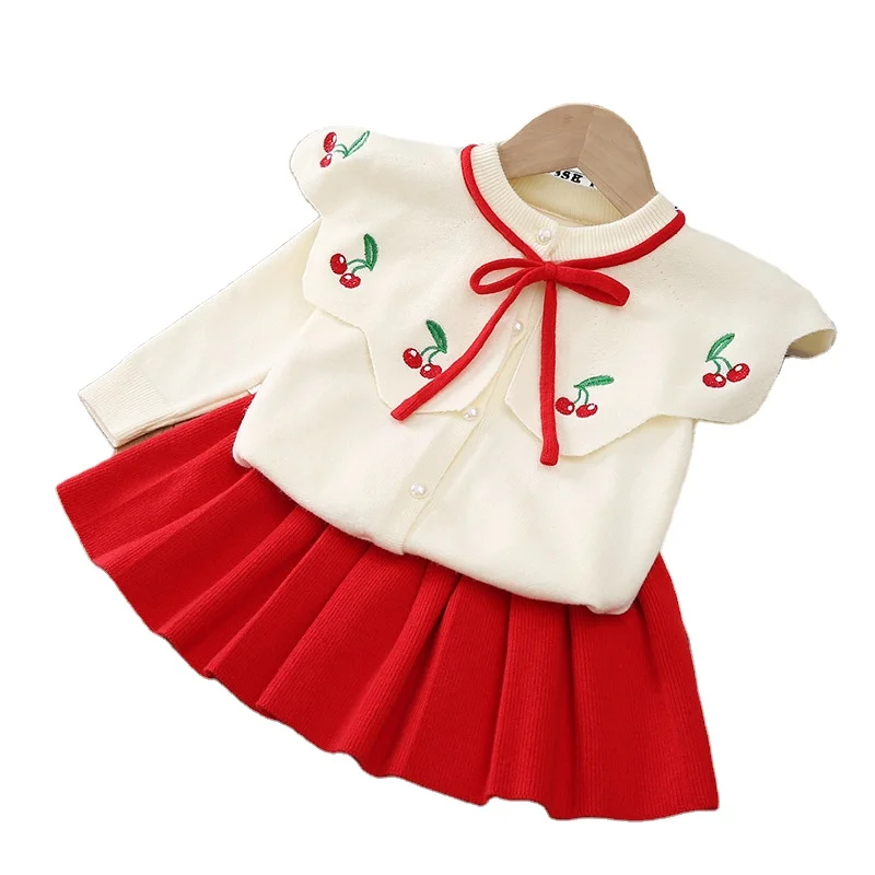 

Baby girl sweater set children's plaid printing knit suit sweater girls warm sweater skirt two-piece